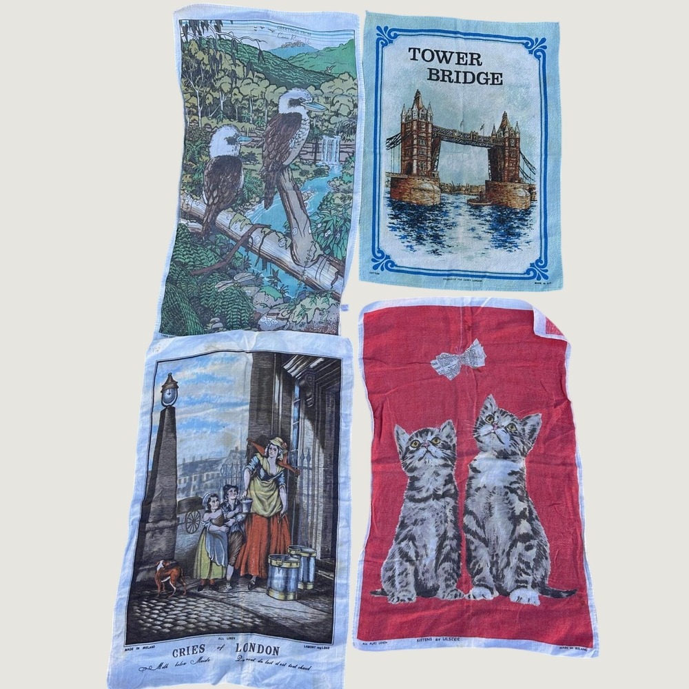 Vintage Tea Towel Lot 4pc Lamont Cries of London Ulster Kittens Tower Bridge